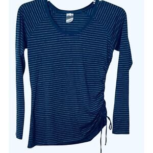CALIA LONG SLV PULL-OVER RND NECKLINE TOP, WOMEN, L, NAVY BLUE & GREY PINSTRIPES